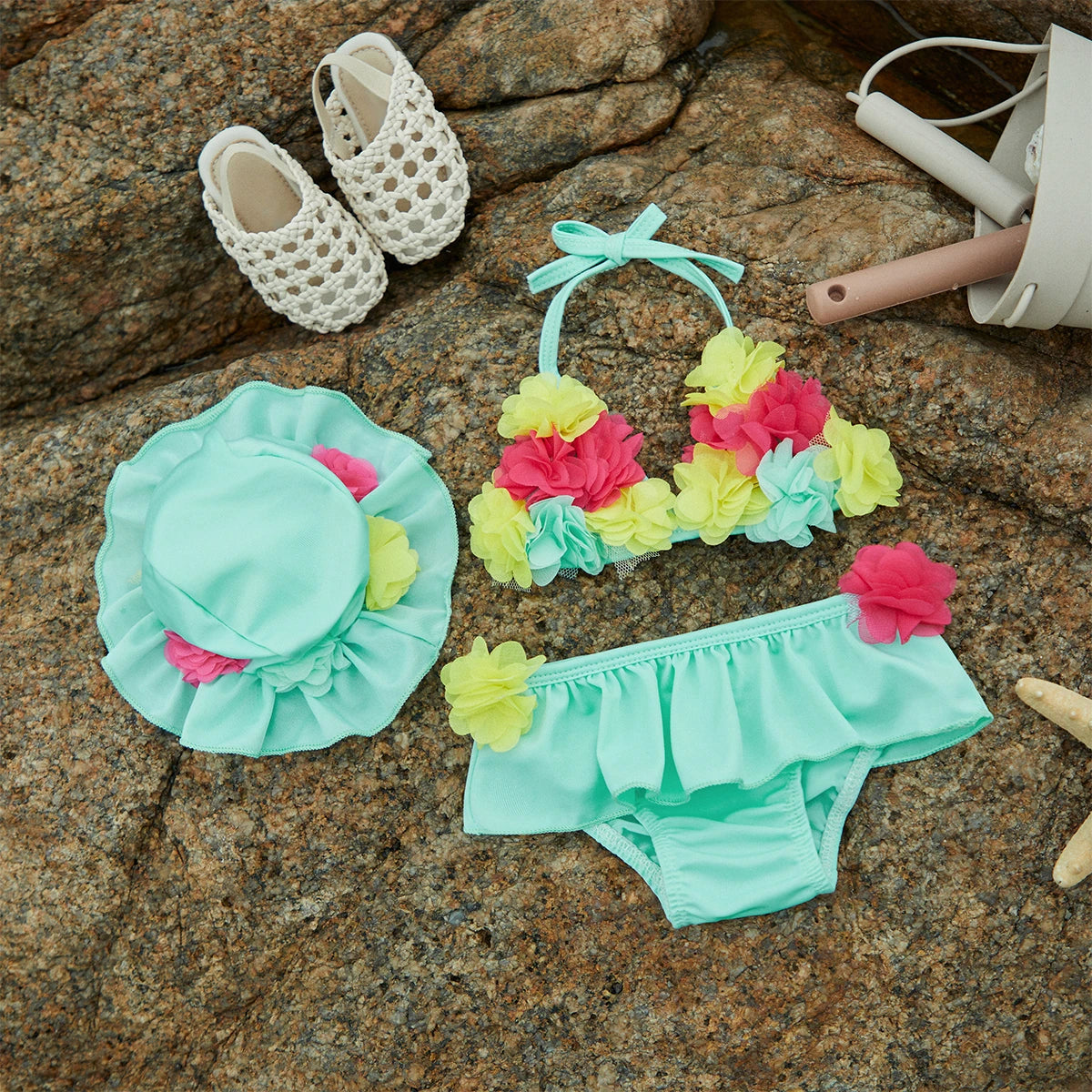 Baby Girl 3pcs Flower Halter Top with Shorts and Sun hat Swimwear
