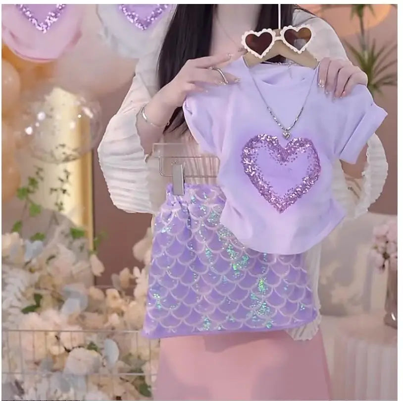 Kids Girls Floral Wrap-Hip Dress with a Heart Sequin T-shirt childrensterritory
