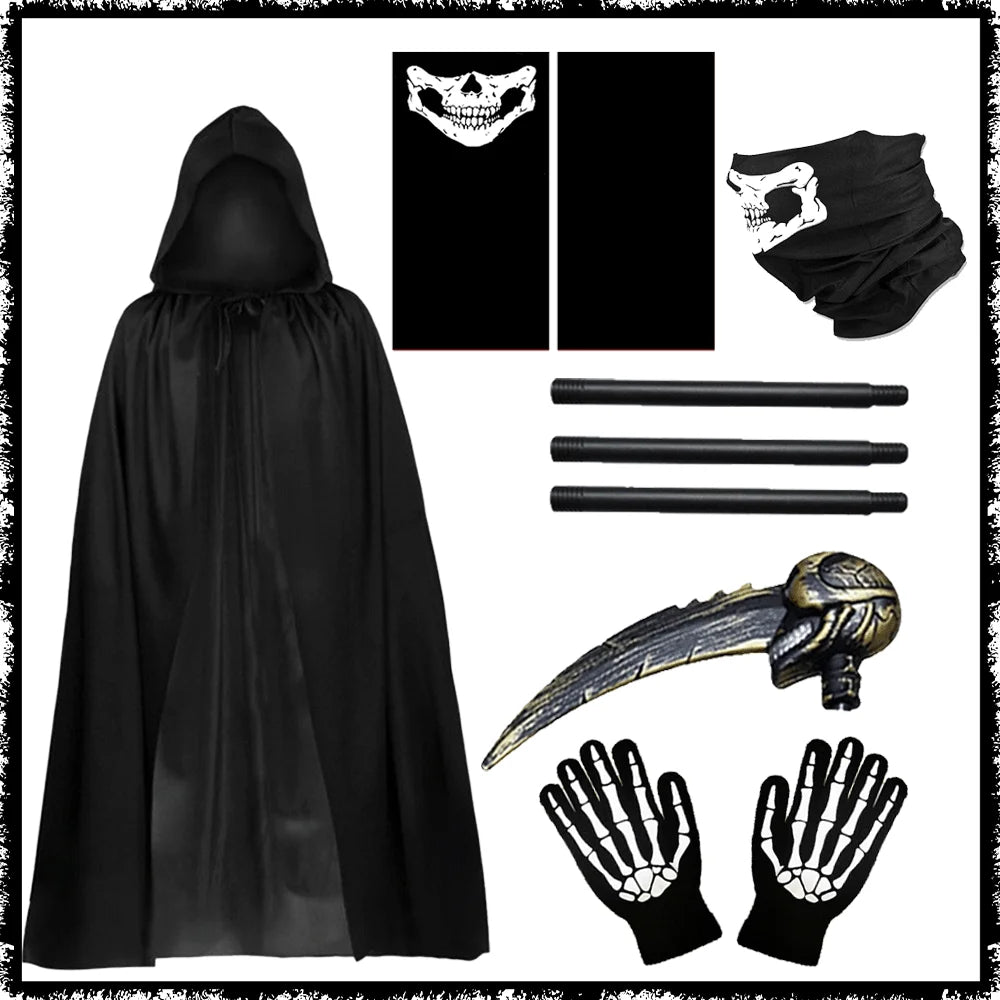 Halloween Death Black Cloak and Skeleton Costume Prop Set