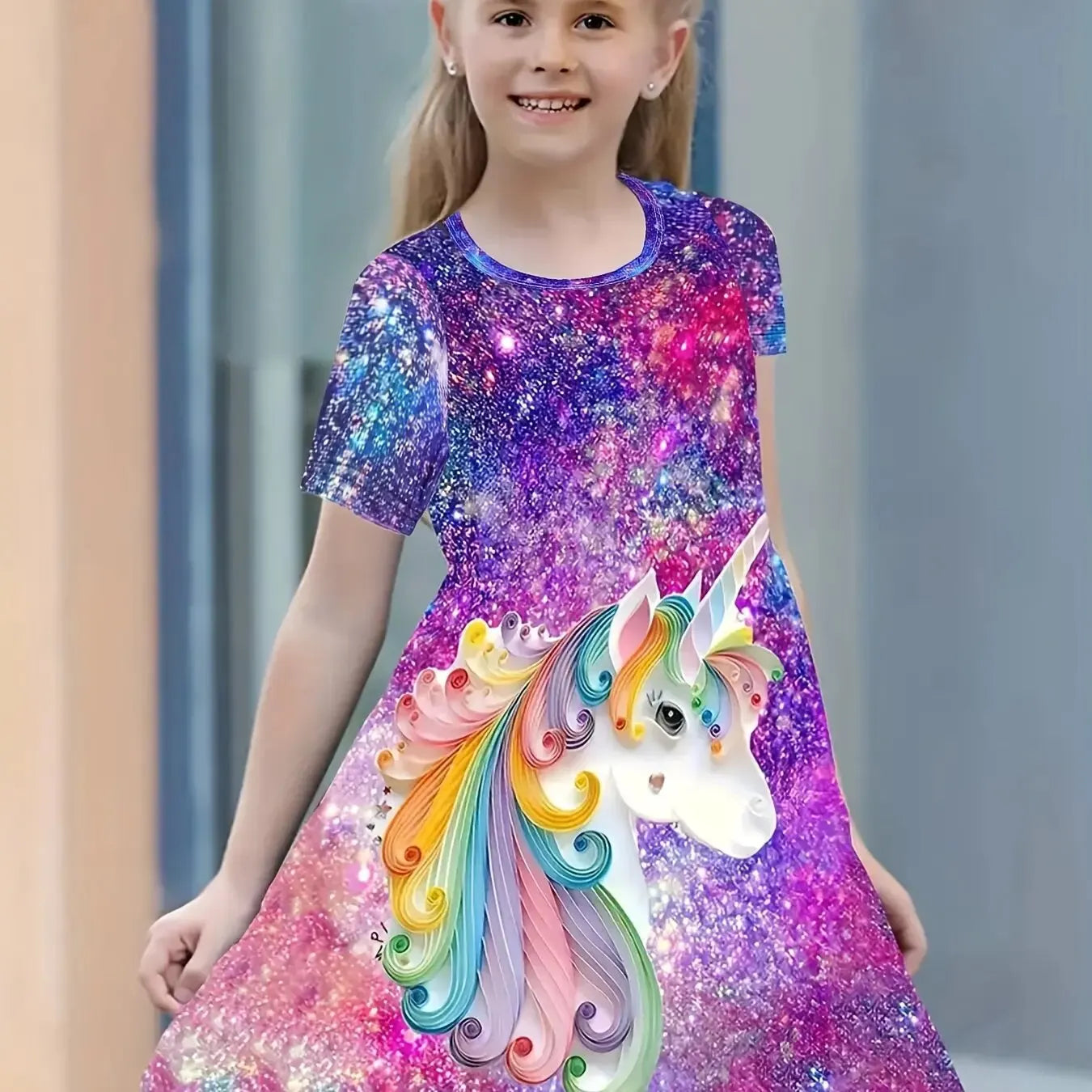 Girls' Casual Dress with Starry Unicorn Digital Print