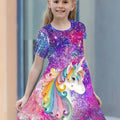 Girls' Casual Dress with Starry Unicorn Digital Print