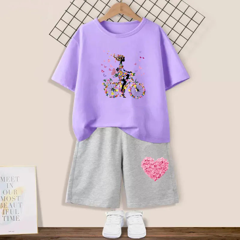 Kids Girls Butterfly High Heel T-shirt +Shorts 2 Piece Tracksuits childrensterritory