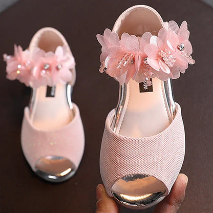 Girls Low Heel Rhinestone Flower Wedding Party Princess Shoes childrensterritory