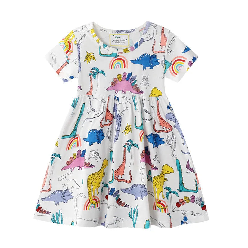 Cute Dinosaurs Unicorns Print Kids Girls Summer Dresses childrensterritory