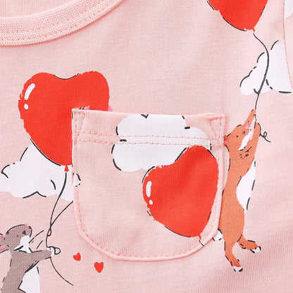 Cartoon Rabbits with Heart Balloons Design Girls Casual Dress childrensterritory