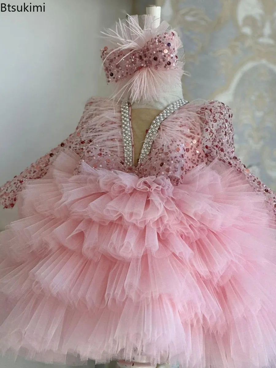 Gorgeous V-neck Sequin Design Little Girls Mesh Cake Dress