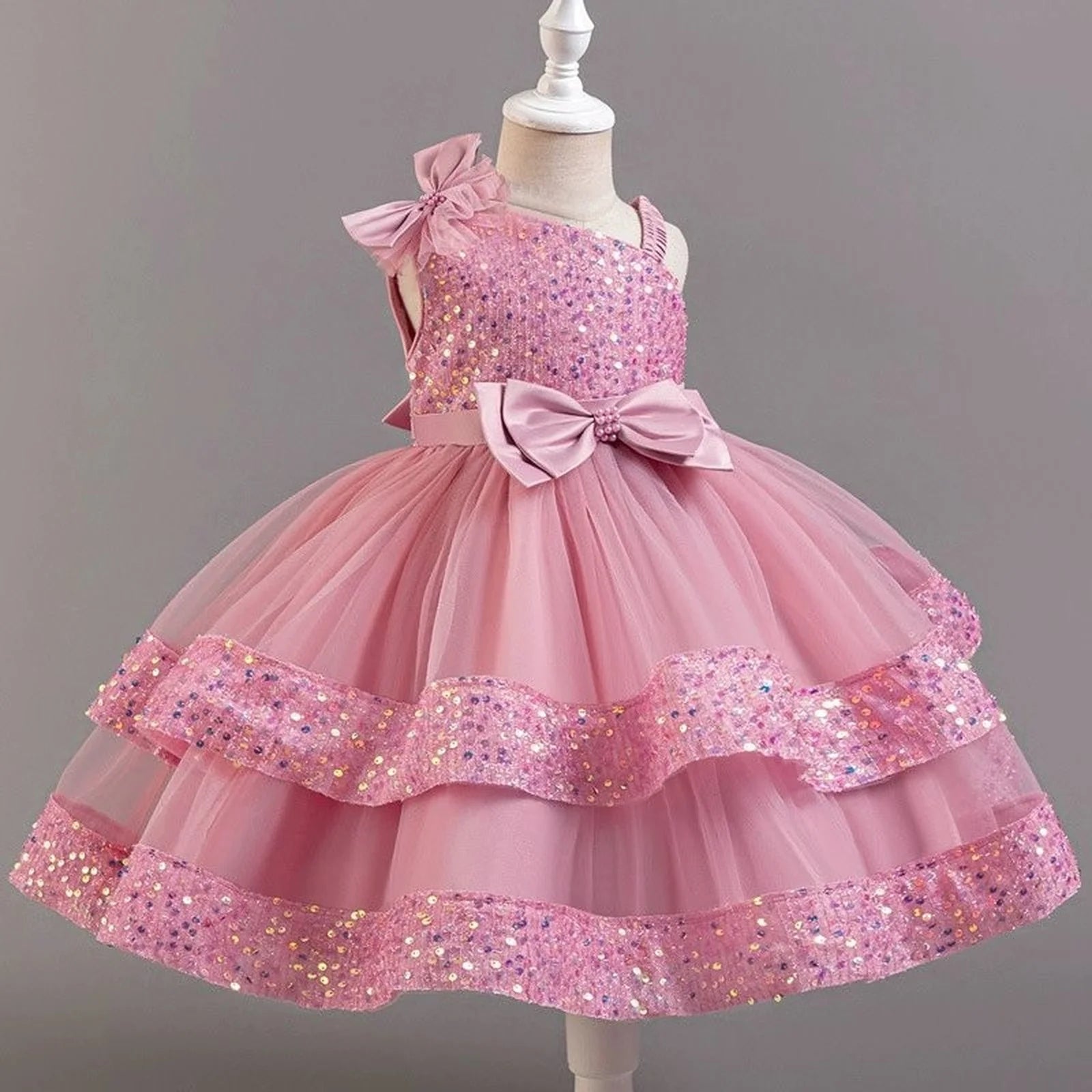 Kids Girls Sequins and Bow Design Birthday Party Flower Dresses