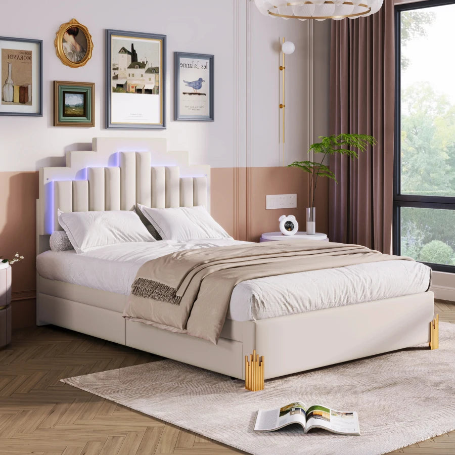 Full-size Platform Bed with Upholstery, Four Drawers, and LED Lights childrensterritory