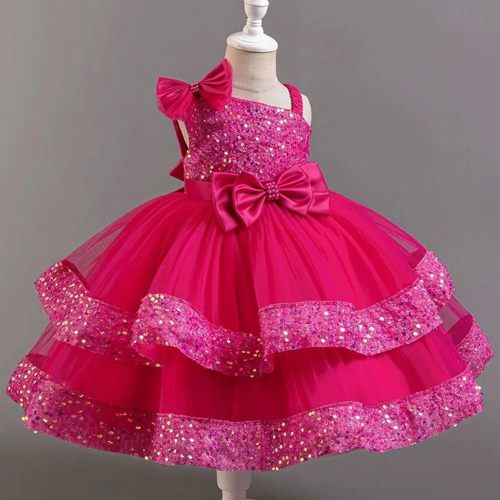 Kids Girls Sequins and Bow Design Birthday Party Flower Dresses