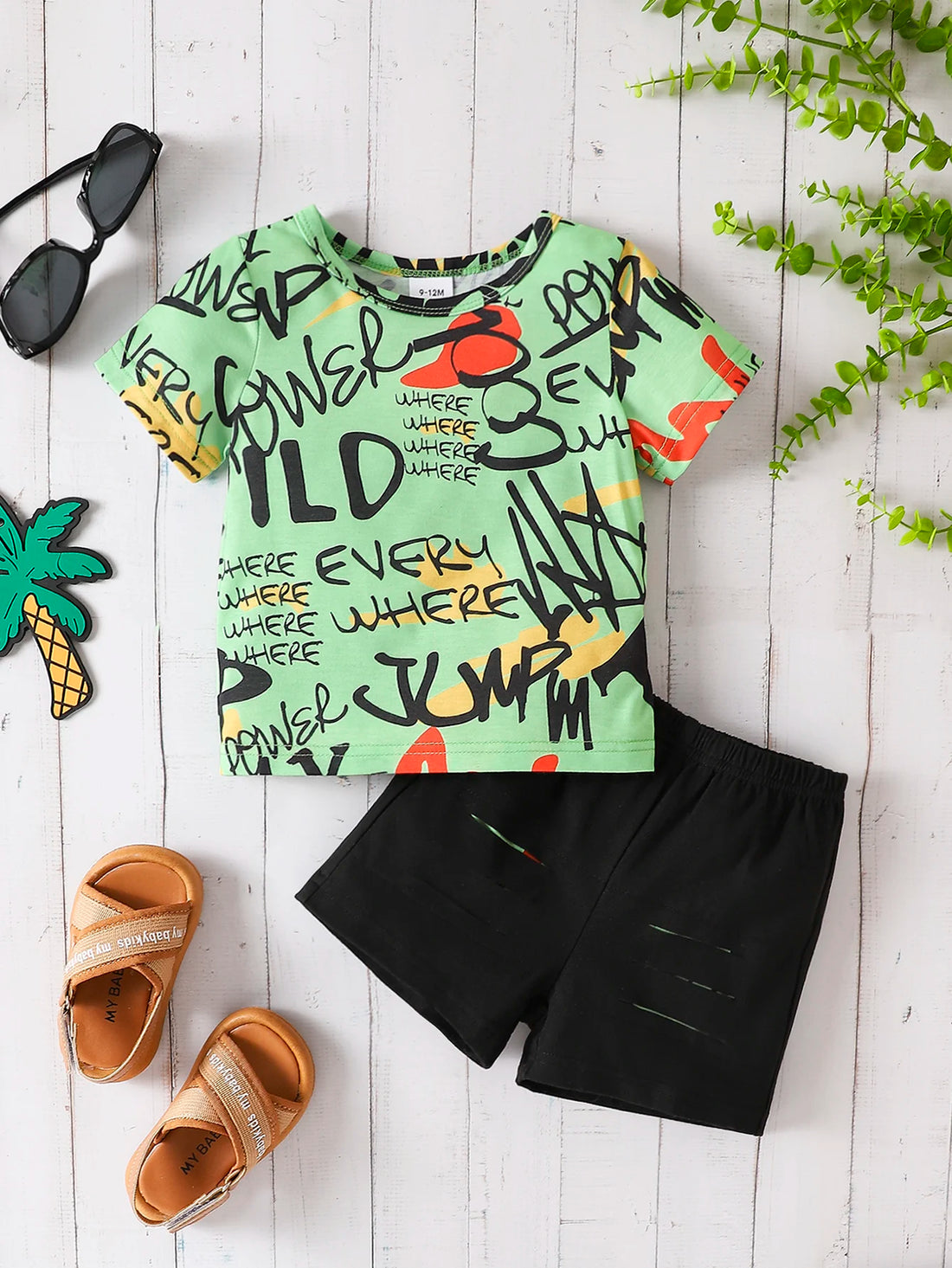 Baby Boys Cartoon Letter Graffiti Top Hollow Shorts Outfit Set childrensterritory
