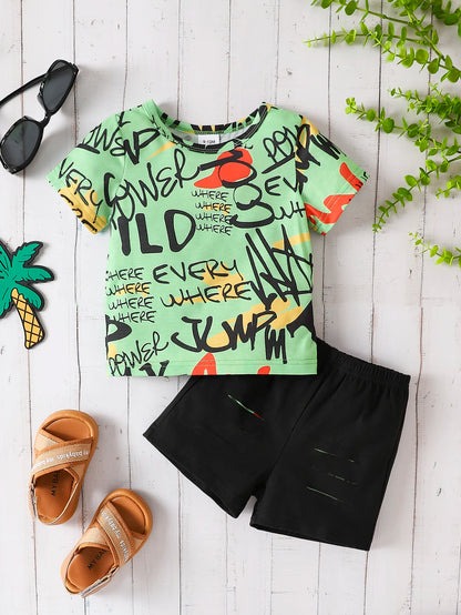 Baby Boys Cartoon Letter Graffiti Top Hollow Shorts Outfit Set childrensterritory