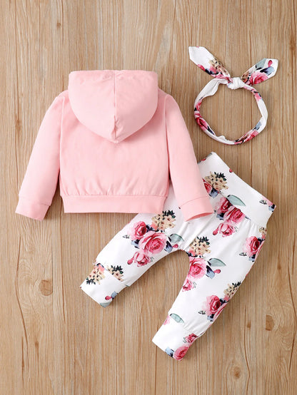 Newborn Baby Girl 3pcs Warm Floral Hooded Outfit Set