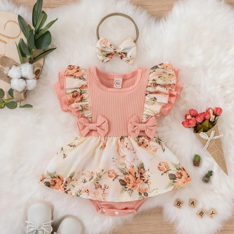 Floral Print Baby Girl Cotton Jumpsuit Dress With Bowknot