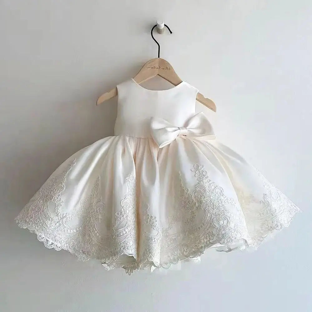Sleeveless Bow Design Solid Lace Party Dresses For Girls childrensterritory