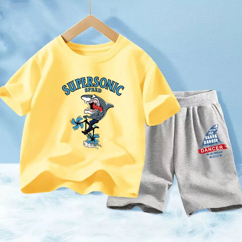 Kids Boy Funny Shark Print T-Shirts and Half Pants Set childrensterritory