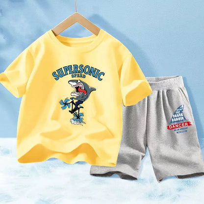 Kids Boy Funny Shark Print T-Shirts and Half Pants Set childrensterritory