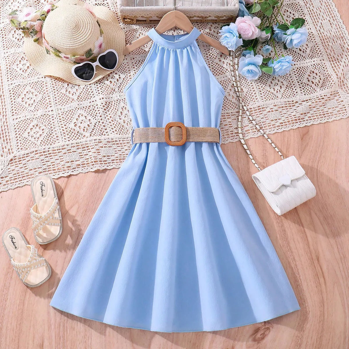 Kids Girls Off Shoulder Formal Summer Party Dresses With Belt