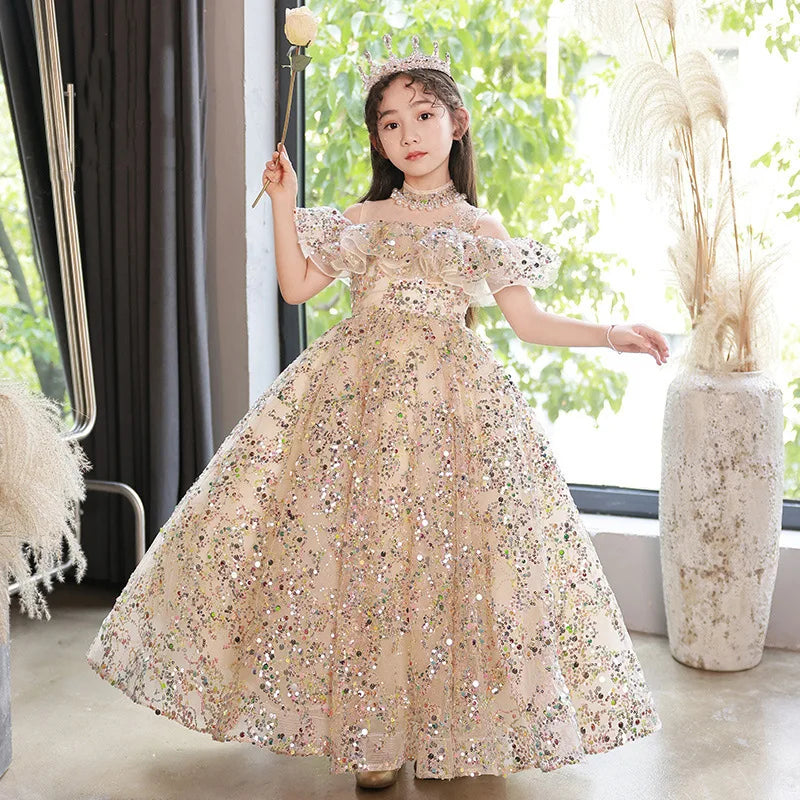 Kids Girls Fluffy Gauze Sequins Gown Evening Princess Dress childrensterritory