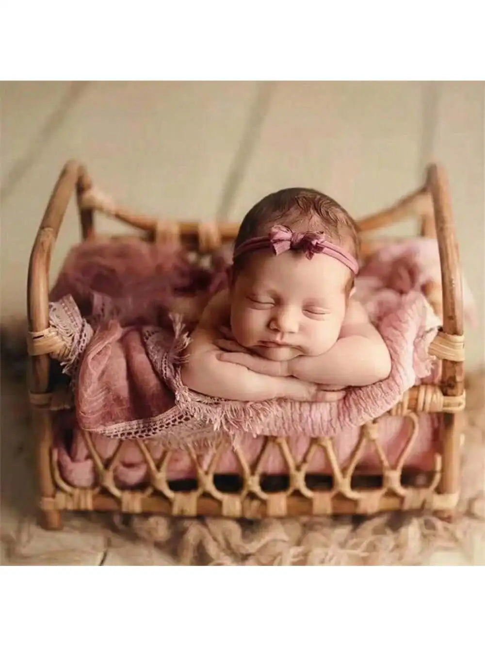 Vintage Handmade Wood Bamboo Basket Baby Photoshoot Prop childrensterritory