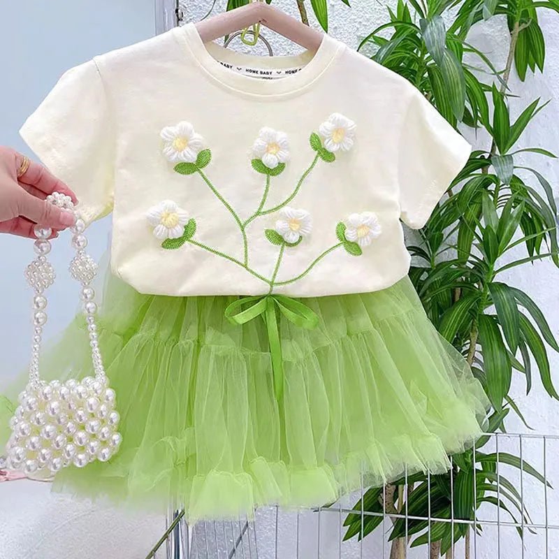 Three-Dimensional Floral Print Summer Clothes Set for Little Girls childrensterritory