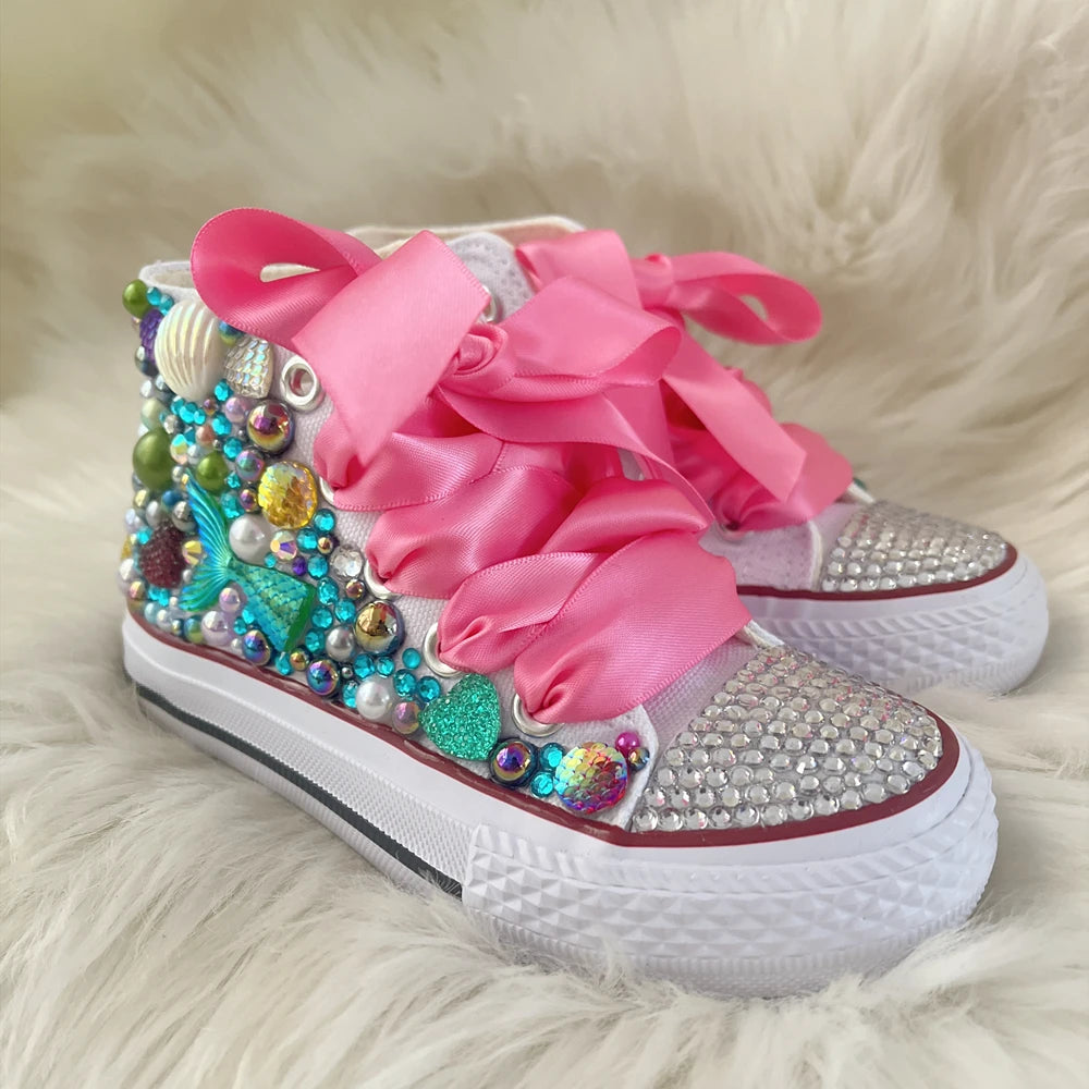 Kids Girls Pink Sparkle Gold Rhinestones Canvas Sneakers
