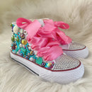 Kids Girls Pink Sparkle Gold Rhinestones Canvas Sneakers