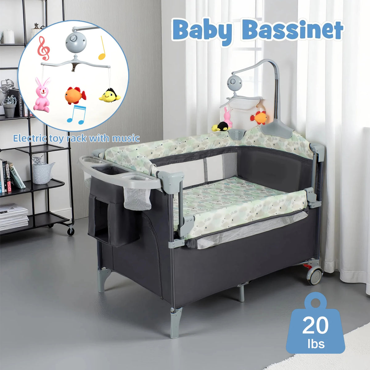 Baby Bedside Bassinet with Wheels and Storage Basket