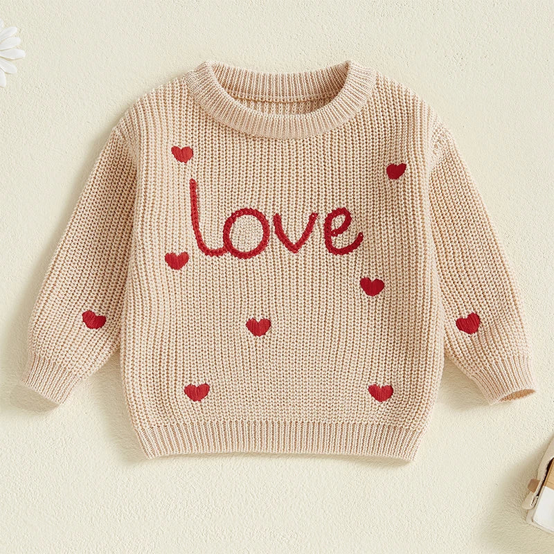 Baby Girl Heart Print Crew Neck Knitted Sweaters childrensterritory