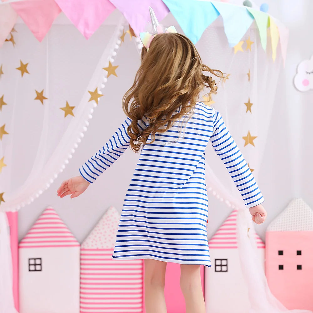 Flamingo Cartoon Design Striped Straight Dress for Girls childrensterritory