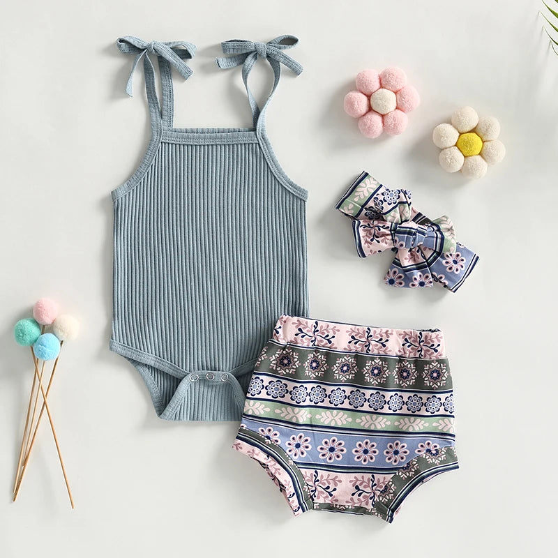 Baby Girl Sleeveless Romper and Print Shorts Set