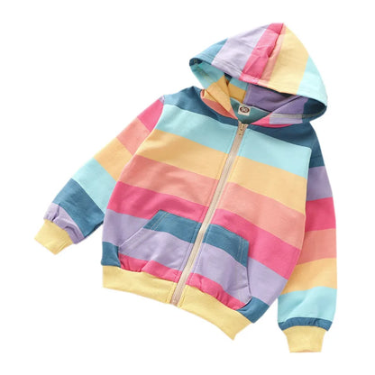 Kids Girls Rainbow Stripe Print Hooded Winter Jacket