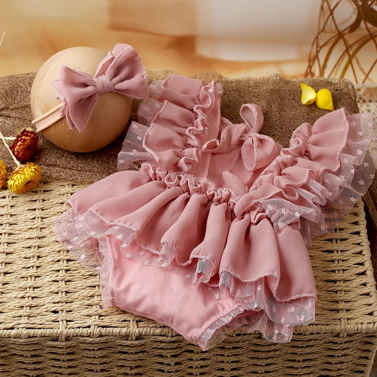 Newborn 2 Pieces Romper and Bow Hairband Photography Outfit