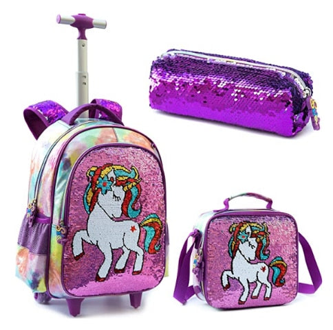 3D Unicorn Design Kids Girls School Trolley Backpack Set childrensterritory