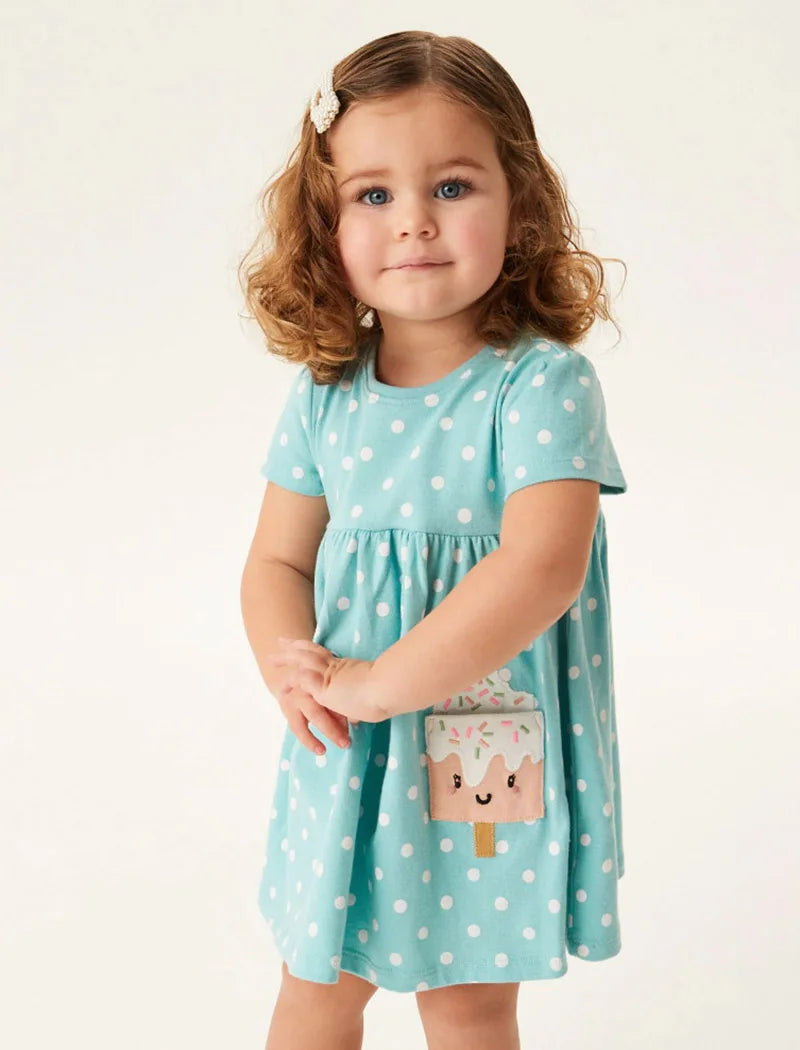 Cartoon Print A-Line Summer Casual Cotton Dress for Little Girls childrensterritory