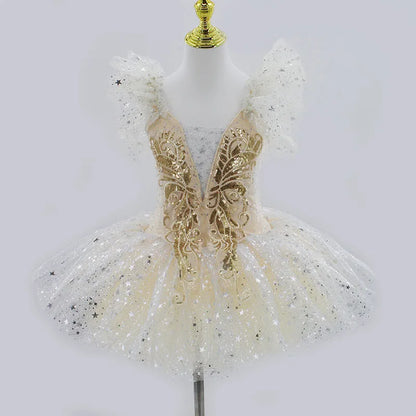 Kids Girls Professional Gold Sequin Ballet Tutu Dress