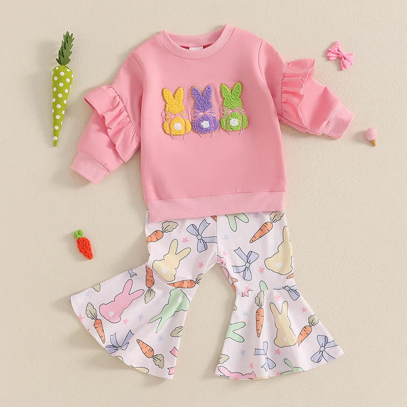 Toddler Girl Bunny Embroidery 2 Pieces Easter Outfit Set childrensterritory