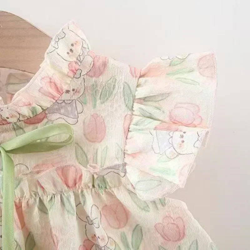Baby Girl Cartoon Rabbit Tulip Print Dress for Summer
