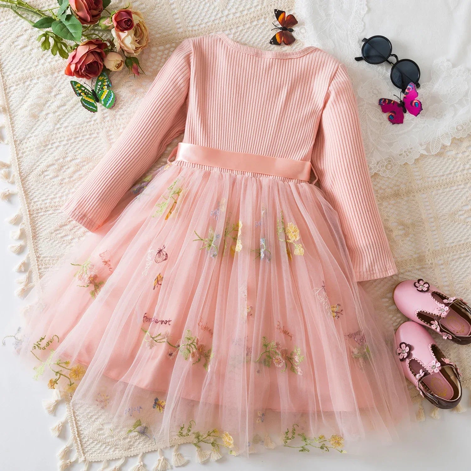 Girls ' Long-Sleeved Flower Design Birthday Party Dress