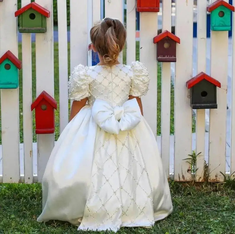 White Satin Pretty Princess High Waist Bridesmaid Gowns for Girls childrensterritory
