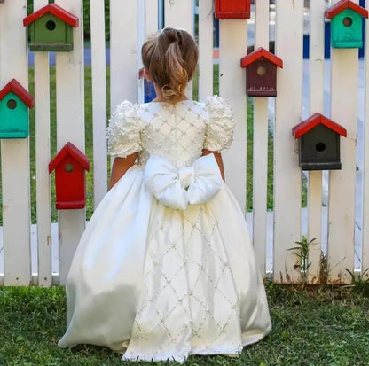 White Satin Pretty Princess High Waist Bridesmaid Gowns for Girls childrensterritory