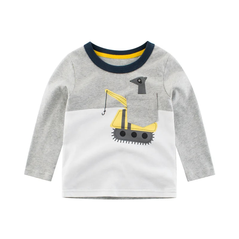 Cartoon Excavator Print Kids Boys Cotton T-shirts