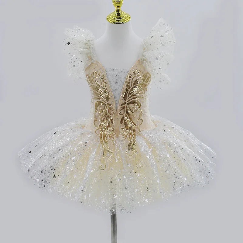 Kids Girls Professional Gold Sequin Ballet Tutu Dress