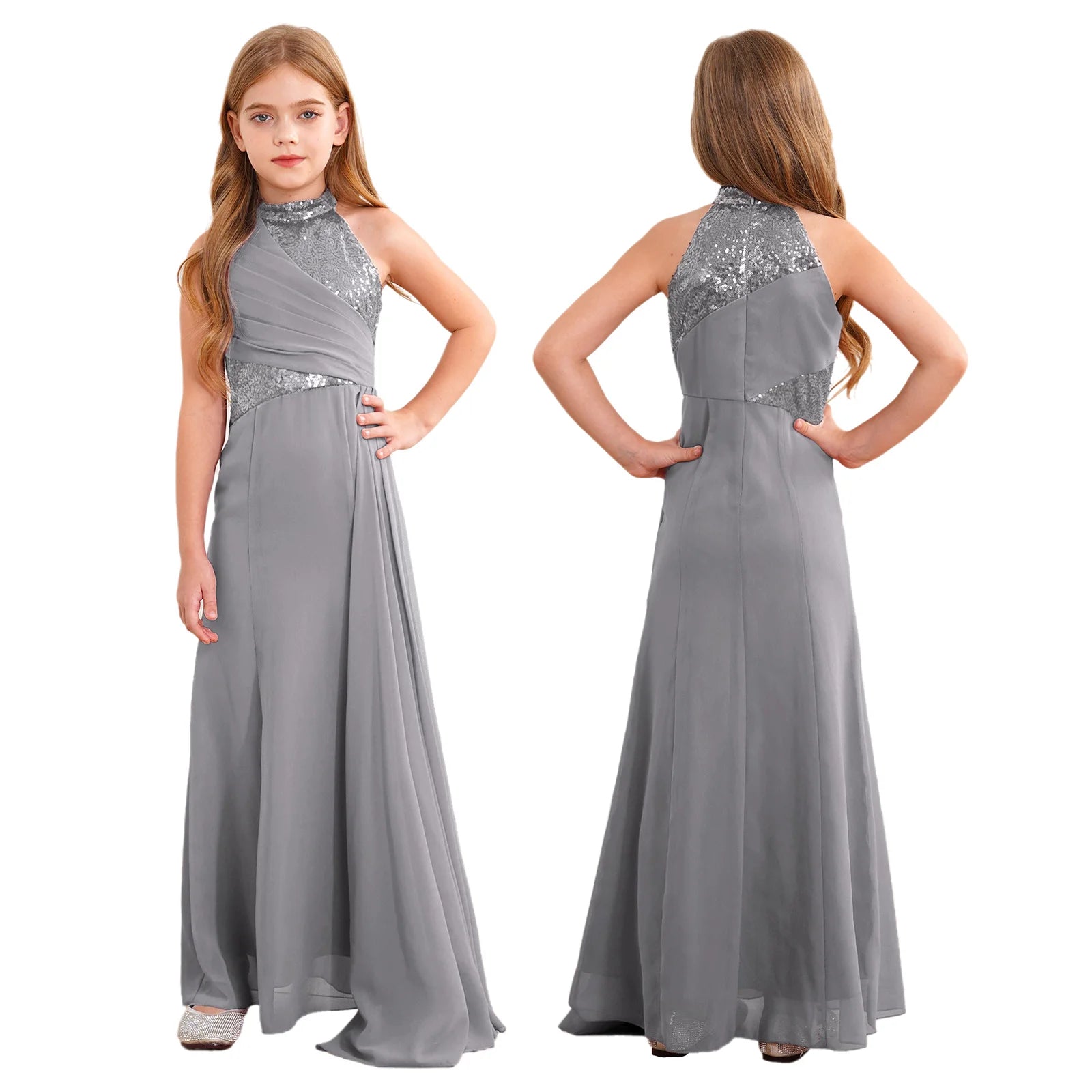 Kids Girls Sequins Pleat Overlay Pageant Evening Gowns