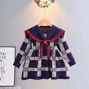 Kids Girl Plaid Knitted Sweater Dress with Bow Military Style