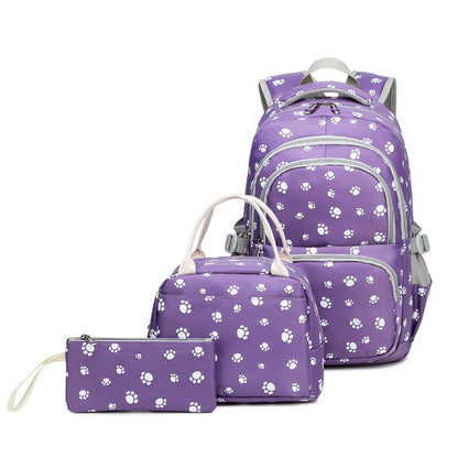Paw-Printed 3-Piece Cute Waterproof Student Bag Set for Girls childrensterritory