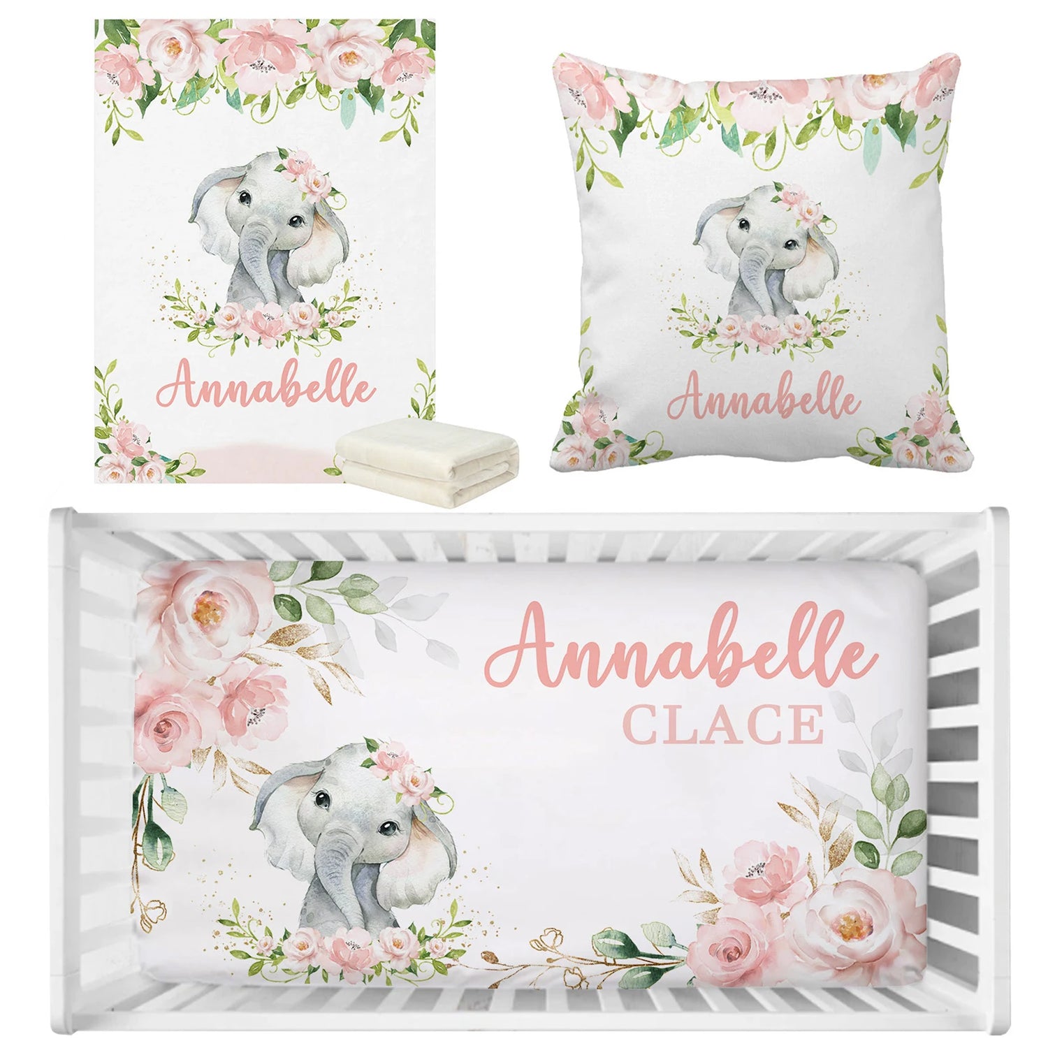 Custom Name with Flower Elephant Print Baby Bedding Set