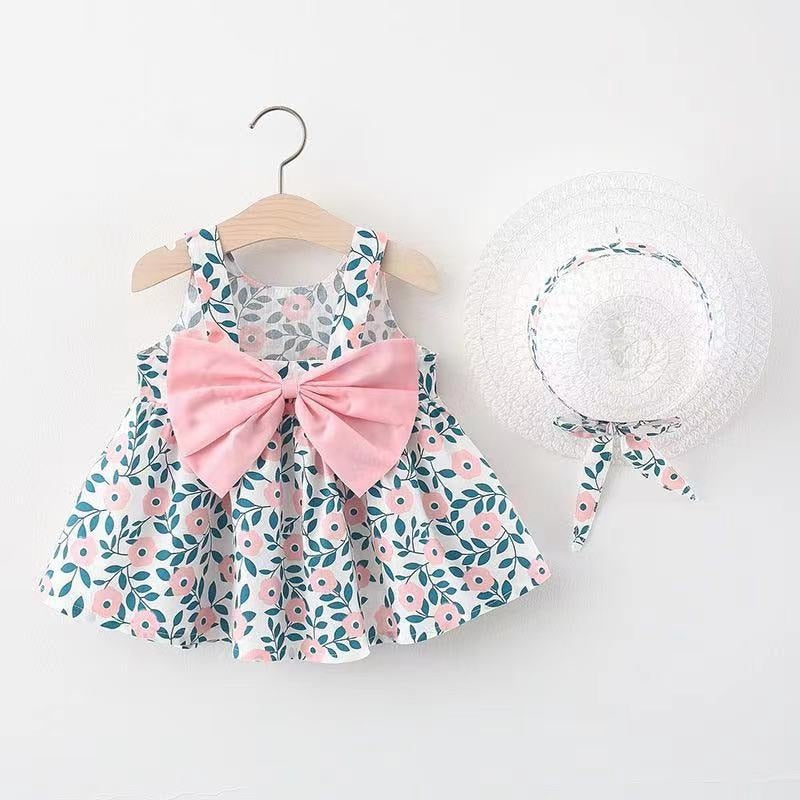 Baby Girl Floral Big Bow Designed Summer Dresses + Sunhat childrensterritory