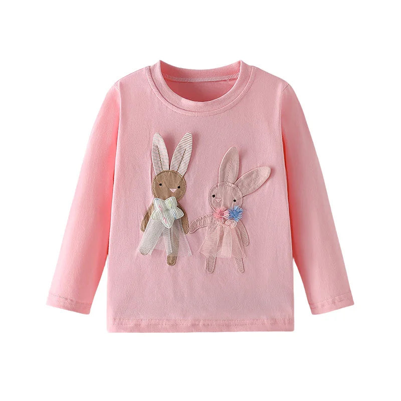 Bunny Applique Design Long Sleeve Girls T Shirts