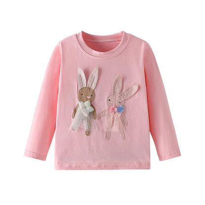 Bunny Applique Design Long Sleeve Girls T Shirts childrensterritory