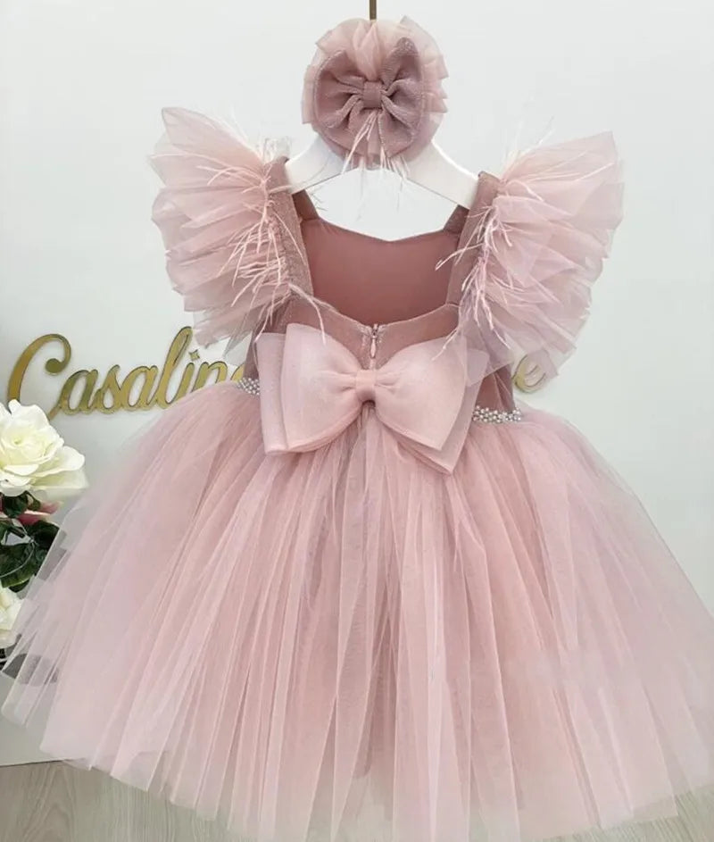 Little Girls Pink Tulle Princess Wedding Party Dress with Headbow